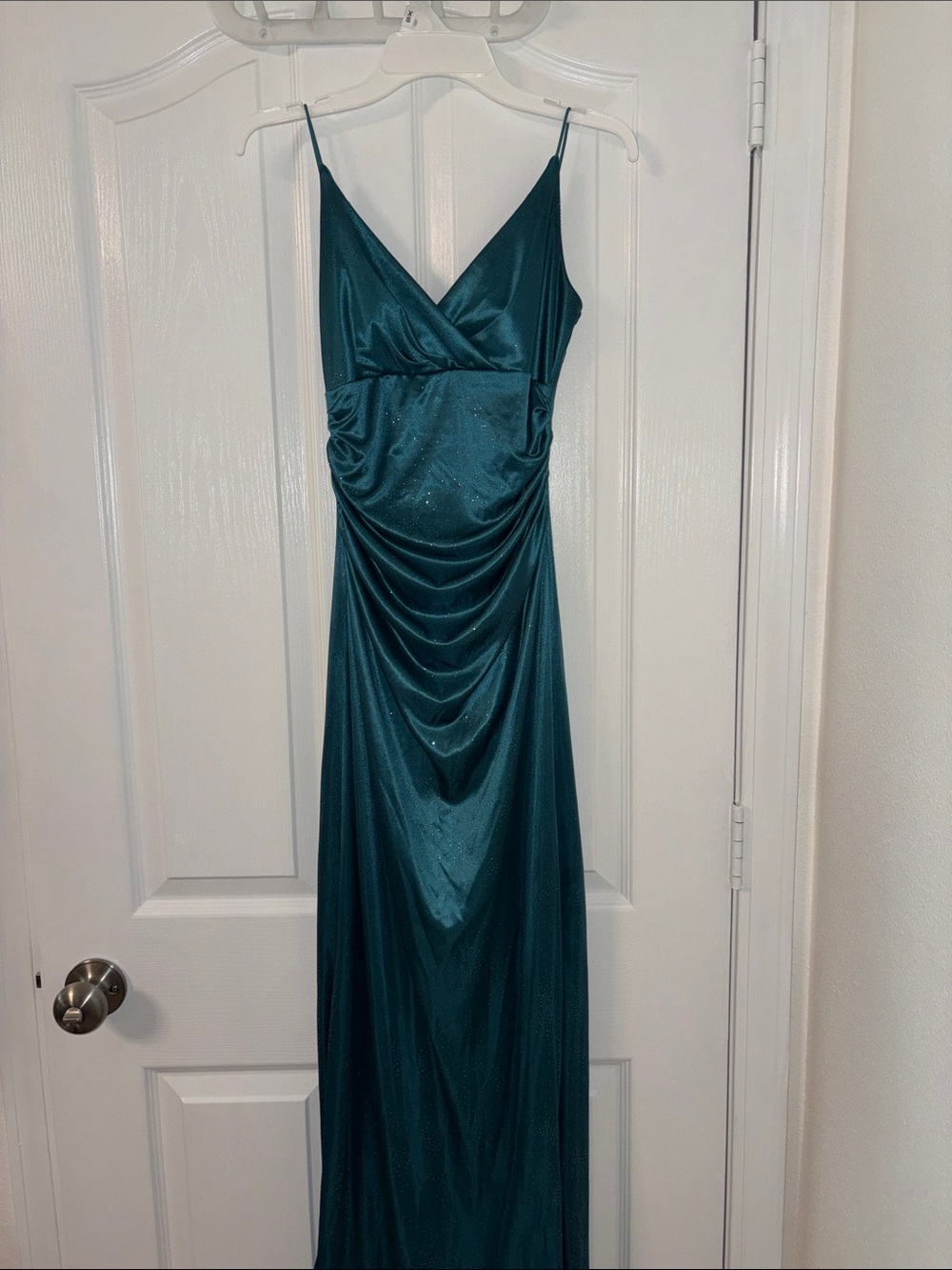 Teal 2000s Prom Satin V-Neck Ruched Dress